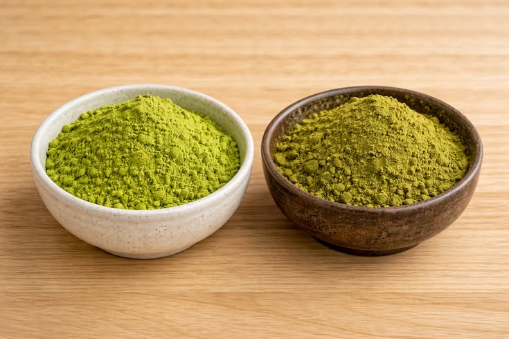 So sánh sự khác biệt giữa bột matcha thật màu xanh tươi và bột trà xanh giả màu vàng úa